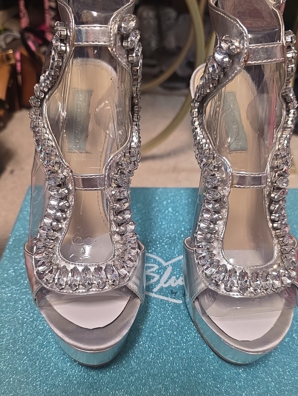 Betsey Johnson "BLUE" Bridal Collection Silver Crystal T-Strap Platform Heels